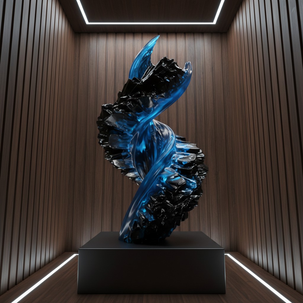 Une sculpture resplendissante de couleurs bleues et noires, composée de cercles sculptés qui semblent s'élancer depuis la ...